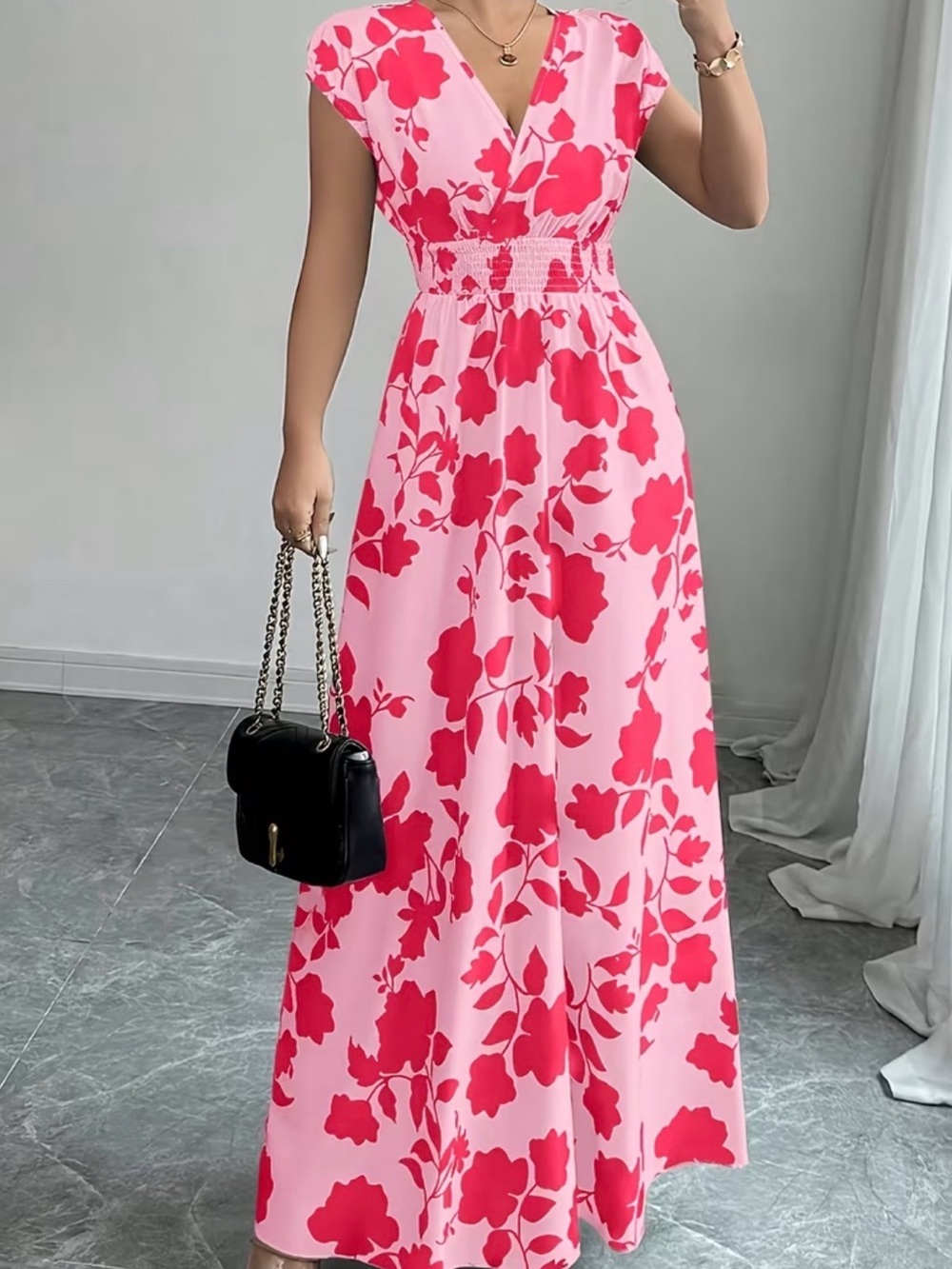 Pink & Red Floral V-Neck Maxi Dress
